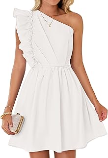 Women's Summer One Shoulder Ruffle Dress Boho Sleeveless Elastic High Waist Swing Mini Dresses