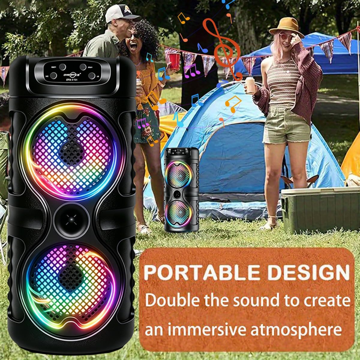 Portable Wireless RV Speaker Retro Style Bass-Enhanced Subwoofer Audio System High-Power Multicolor LED Speaker Supports FM/TWS, (Portable Speaker)