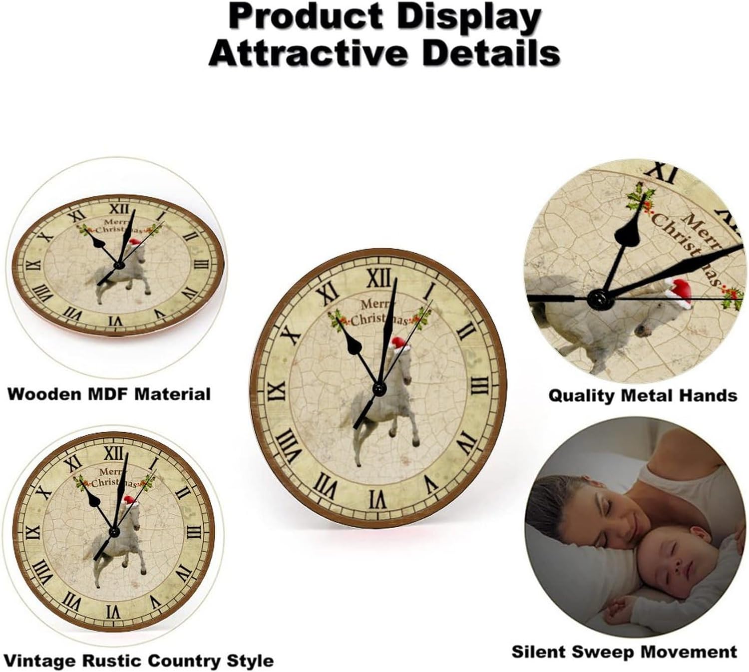 Merry Christmas Horse Clock Christmas Horse Wood Clock Bathroom Wooden Wall Clocks Battery Operated Silent Wall Clock Non Ticking 15 Inch for Kitchen Outdoor Vintage Wall Clock
