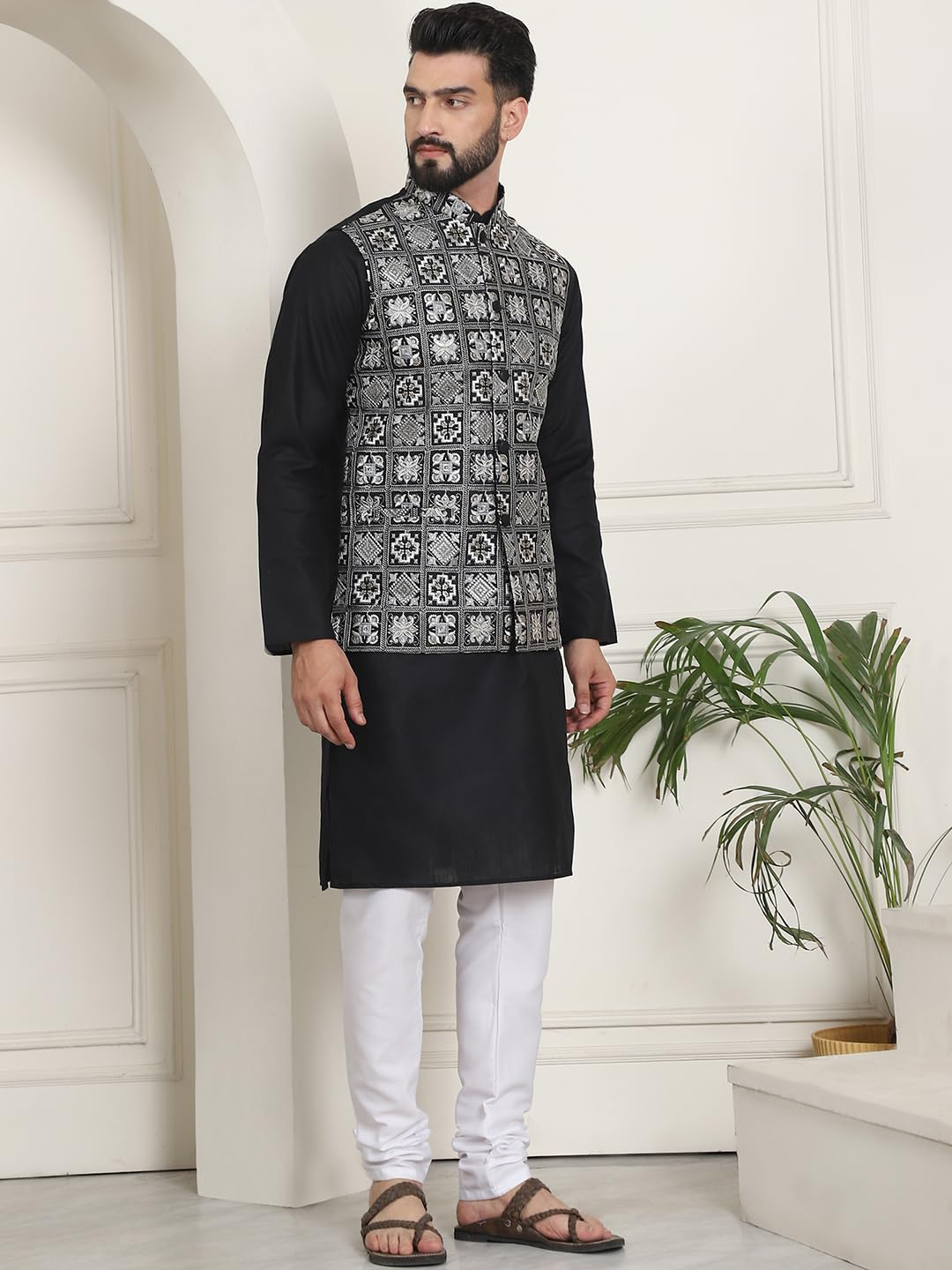 Sojanya (Since 1958 Men's Cotton Solid Black Kurta And White Pyjama With Embroidered Black Nehru Jacket