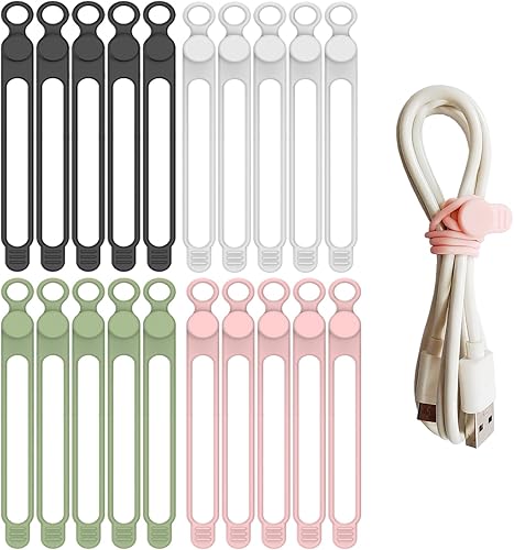 20 bridas de silicona reutilizables, bridas de silicona, bridas de goma, organizador de cables de silicona para agrupar y sujetar cables de cables