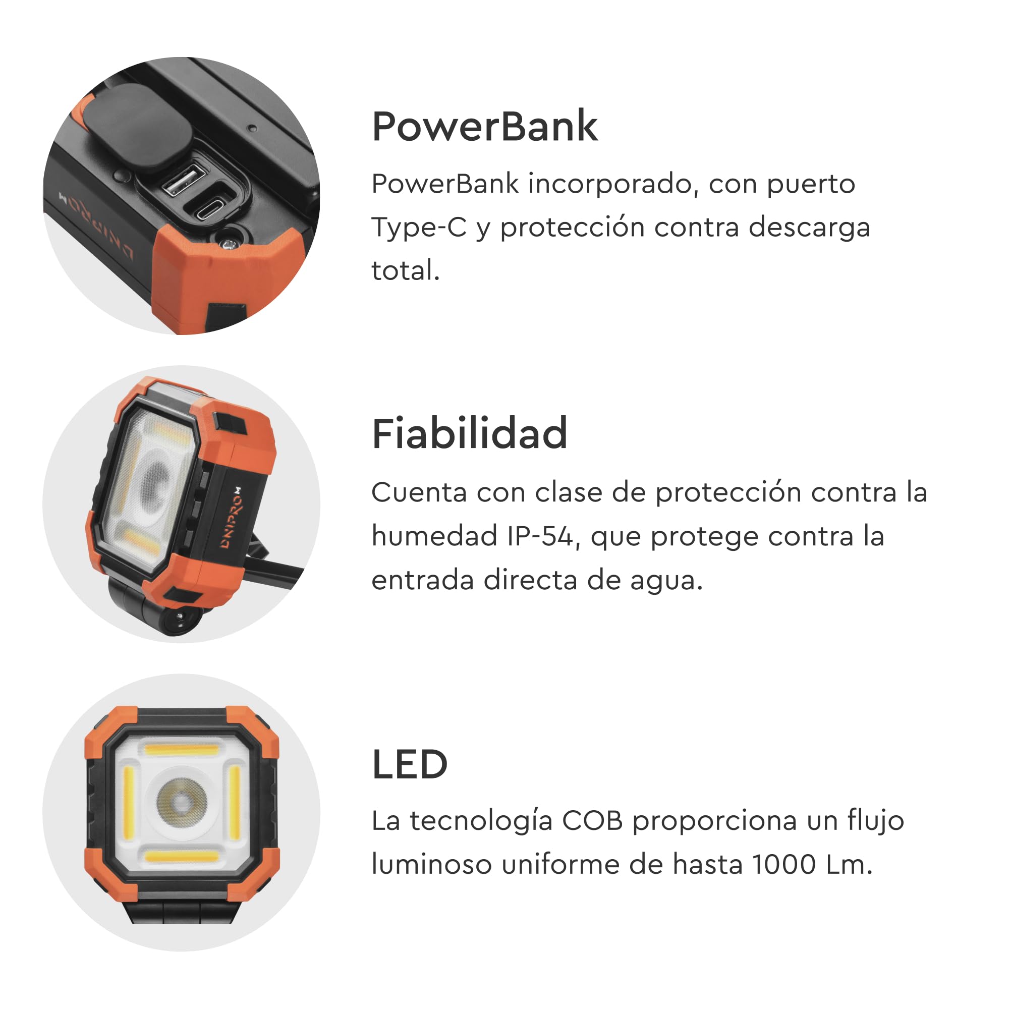 Linterna LED Recargable 3,6V 1000 Lúmenes – PowerBank Integrado, Batería 3600mAh USB-C, 6 Modos COB+LED, Gancho, Trípode, Base Magnética, IP54/IK07 – Camping y Obra – CFL-36M ULTRA