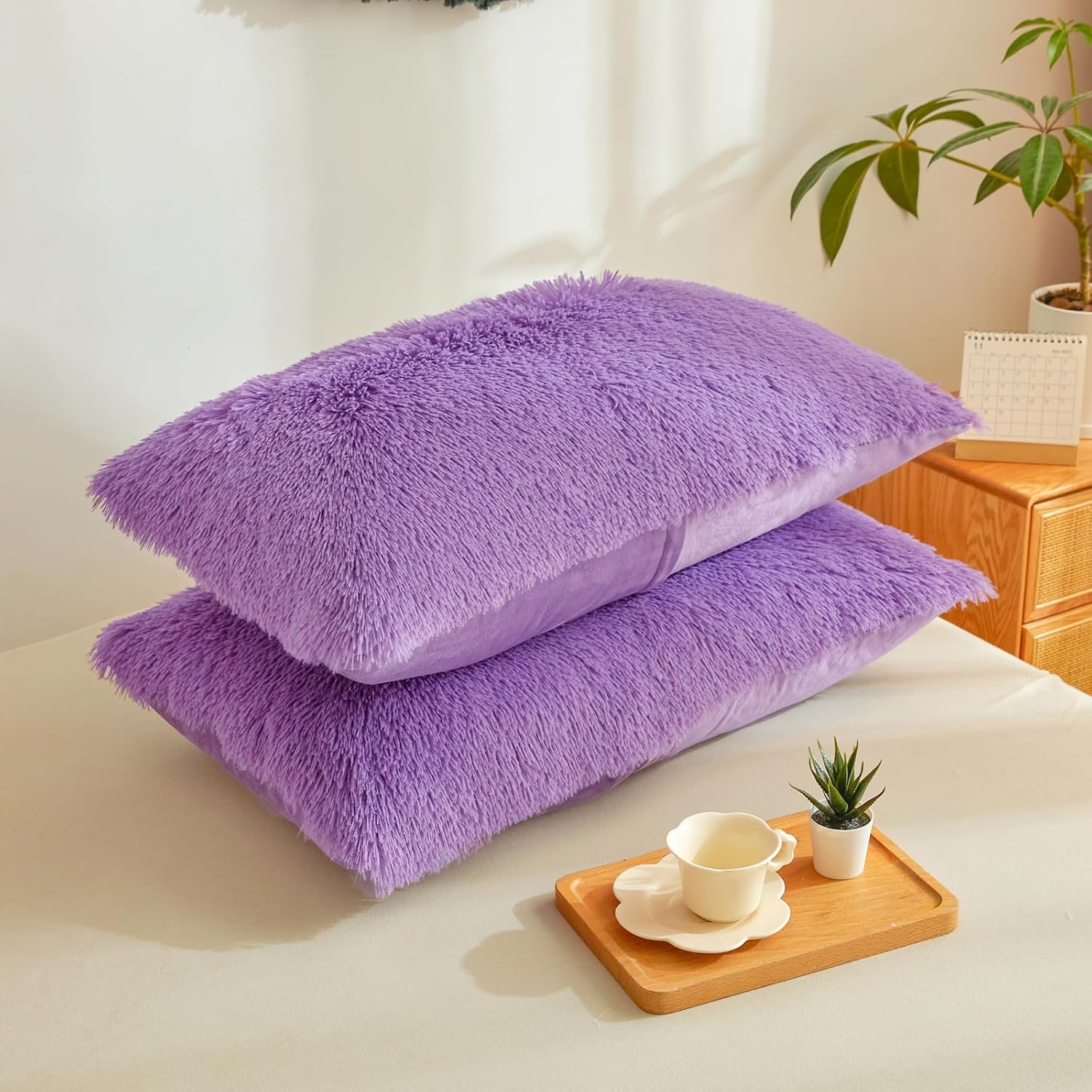 Purple Fluffy Pillow Covers, Fuzzy Plush Furry Shaggy Faux Fur Pillow Cases for Bedroom décor, Soft Purple Pillow Covers 26"x20" with Zipper Closure, Decorative Set of 2 - Image 3
