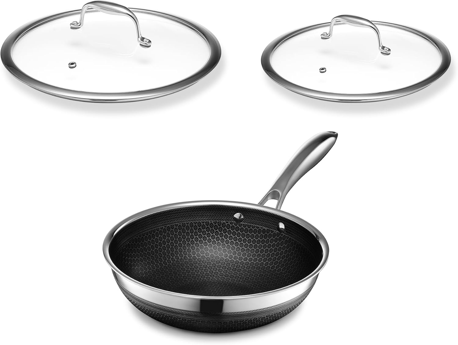 HexClad Hybrid Nonstick 3-Piece Cookware Set, 10" Wok, 10" Lid, and 8" Lid, Stay-Cool Handles, Dishwasher and Oven-Safe, Induction Ready, Compatible with All Cooktops
