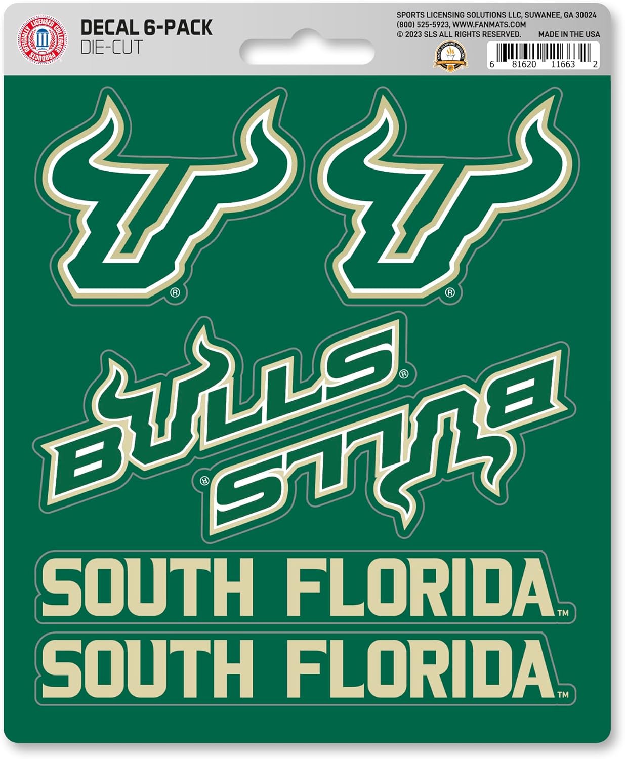 FANMATS 39940 University of South Florida Decal 6-pk - Works On Hard Surfaces - for Homes, Cars, Trucks, SUVs, Personal Items, Laptops, Cell Phones | Green | 5” x 6.25” | 6 Various Logos/Wordmark