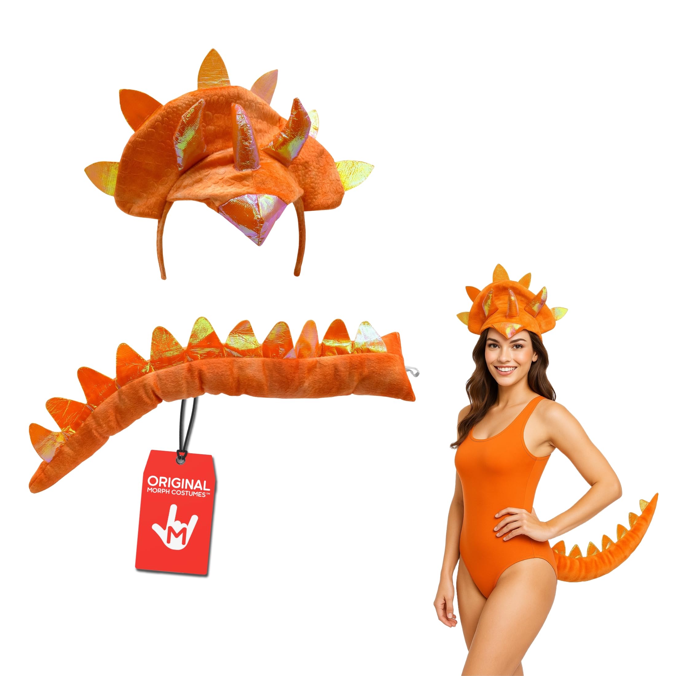 Nicky Bigs Novelties Morph Adult Triceratops Dragon 3 Horn Dinosaur Headband Tail Costume Accessory Set, Orange, One Size โ image 1