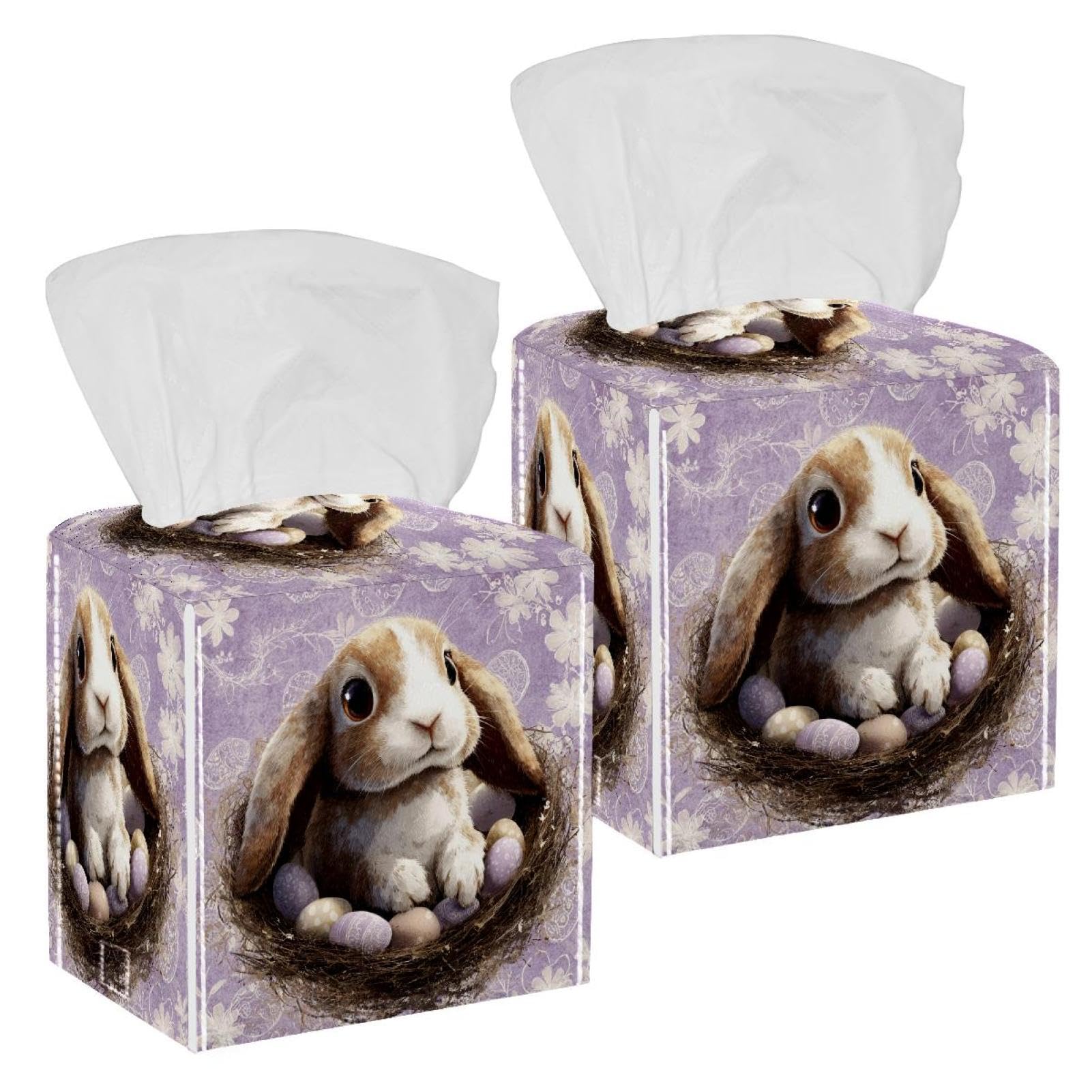 Easter Purple Rabbit Tissue Box Cover, 2 Pack PU Leather Square Facial Tissue Dispenser Box holder for Home Office Car