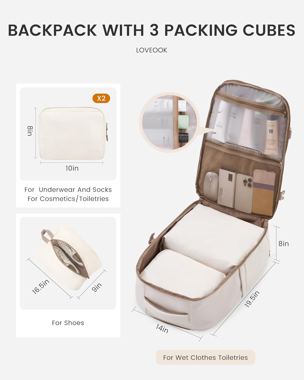 LOVEVOOK Travel Backpack,50L Carry On Backpack Large Fits 18" Laptop,TSA Personal Item Travel Bag with 3 Packing Cubes,Water Resistant Laptop Bag Travel Essentials for Weekender Business Hiking - Image 3