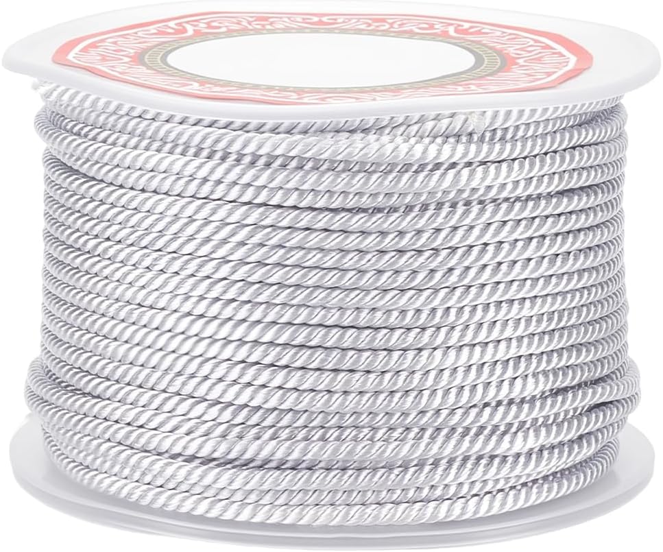 2.5MM 27.34 Yards Twist Silver Gray Satin Braid Rope Cord Twine Shiny Thread String Metallic Round Woven Soft Trimming Silk Trim for Sewing Making Jewelry Curtain Upholstery Diy Craft Supply