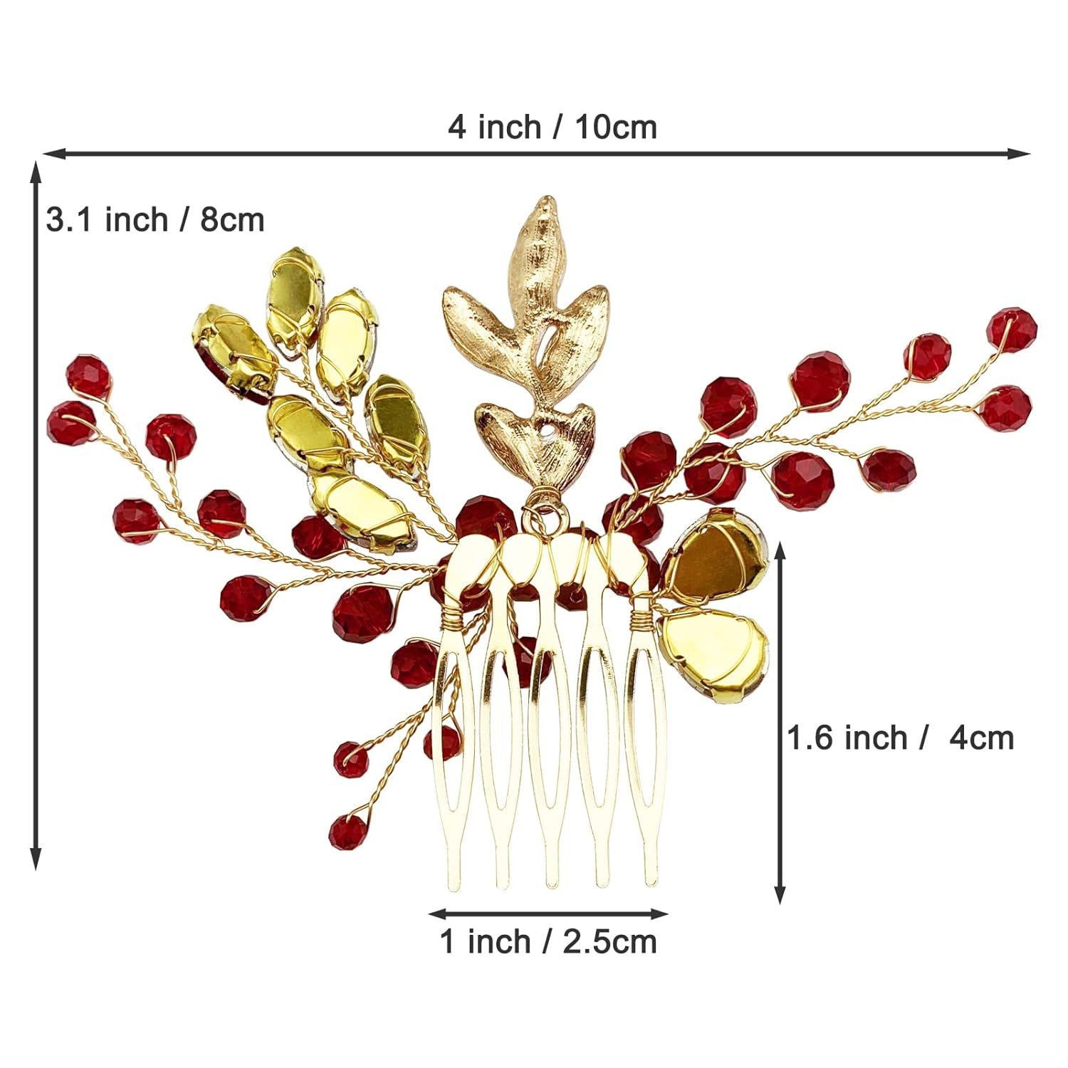 BETITETO Crystal Bridal Hair Comb Wedding Gold Vine Leaf Rhinestone Hair Piece Accessories for Women Girls (Red) - Image 6