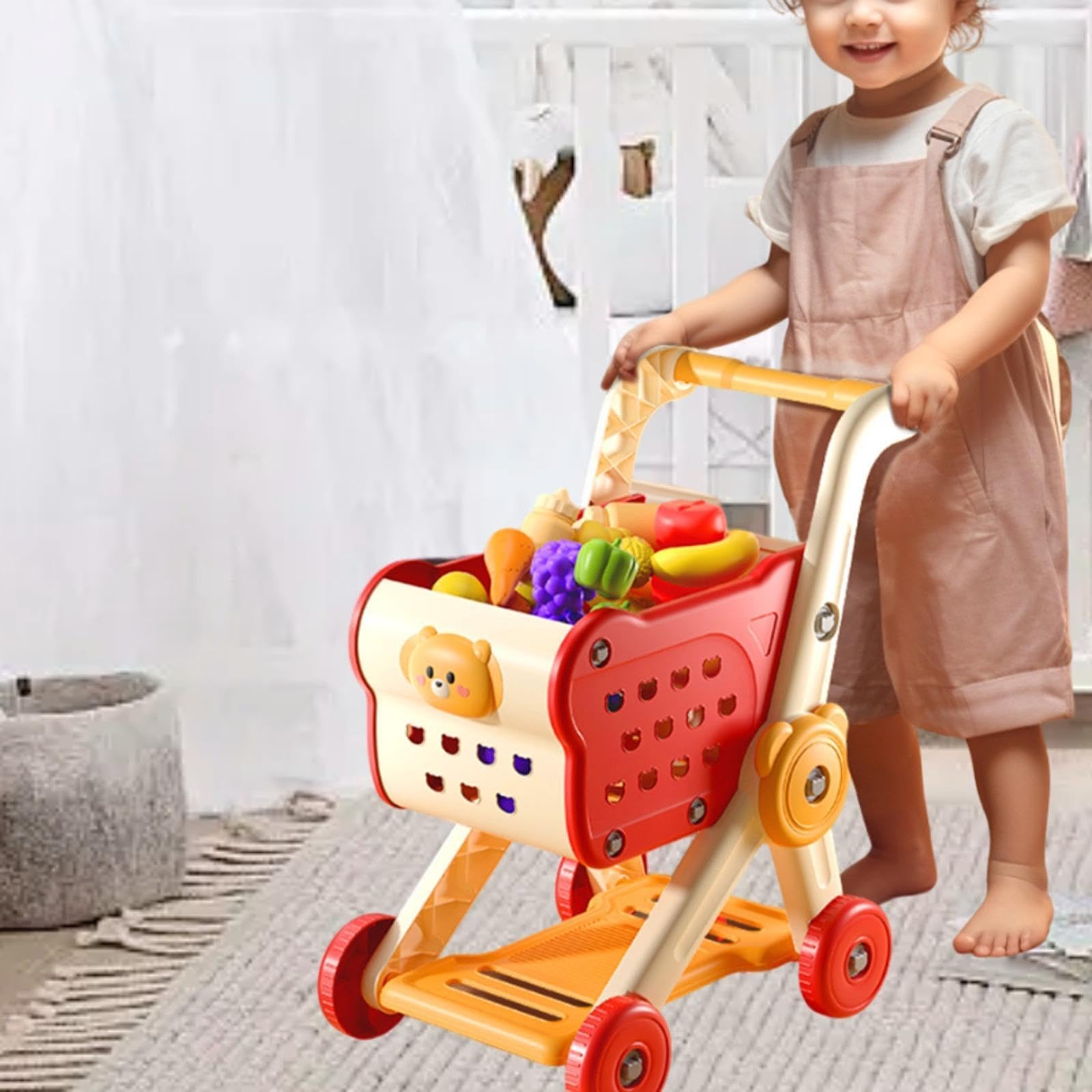 Carrito de Compras Juguete Educativo para Niños Mini Carrito de Compras Simulación Juego de rol Caja de Almacenamiento Organización Entrenamiento de H, Rojo