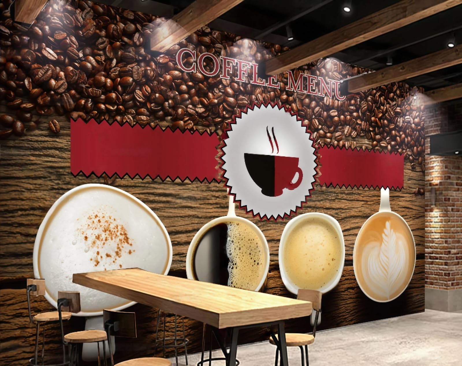 XDOUBAO Wallpaper Retro Wood Grain Handmade Coffee Bean Theme Bakery Dessert House Afternoon Tea Western Restaurant Background Wall Wallpaper Coffee Shop Mural,3D,150x105cm