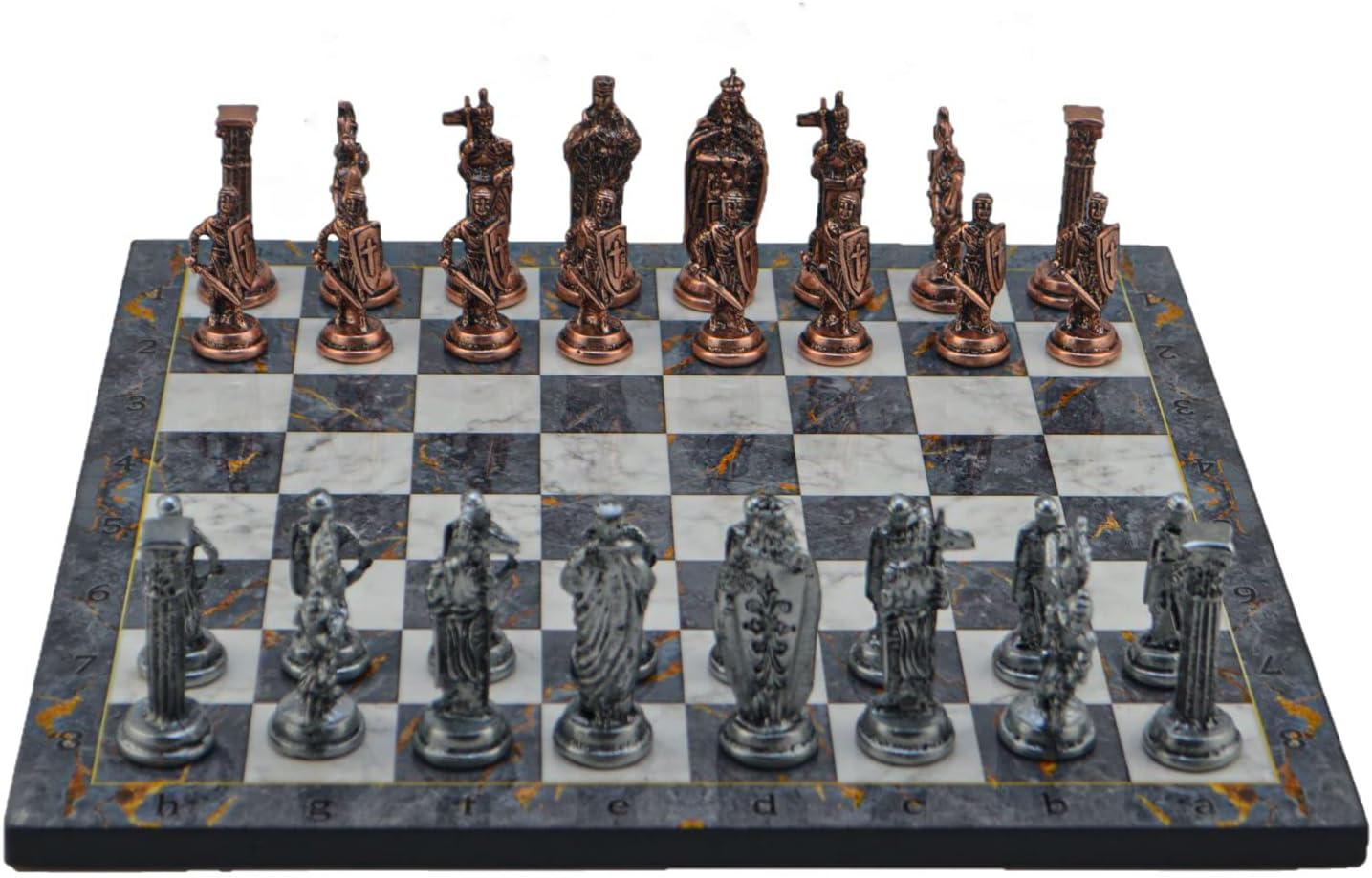 Metal Chess Set for Adults Royal British Army Antique Copper,Handmade Pieces and Different Design Wooden Chess Board King 3.35 inc (Gray Marble)