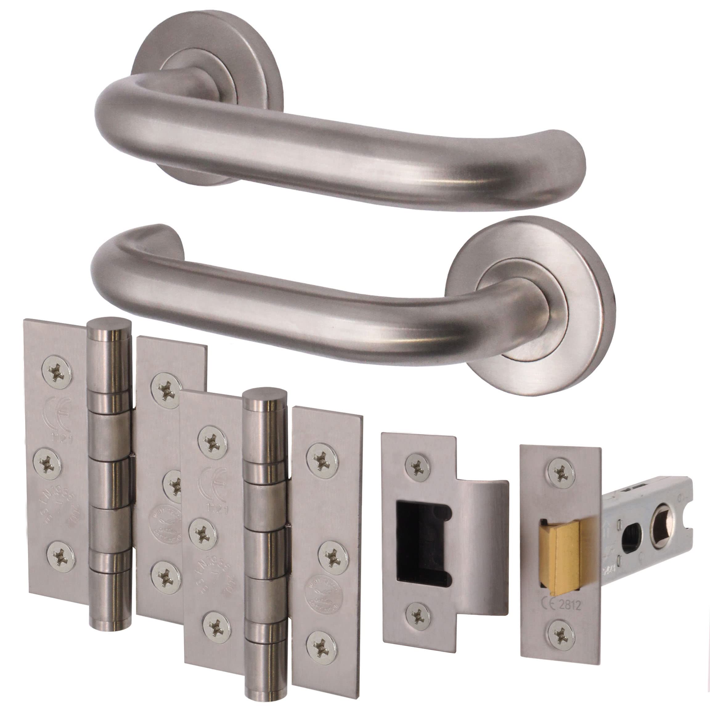 EAI Return to Door Lever on Rose Handle Hinges & Latch Kit – Satin Stainless Steel - 66mm Latch - 76mm Hinge