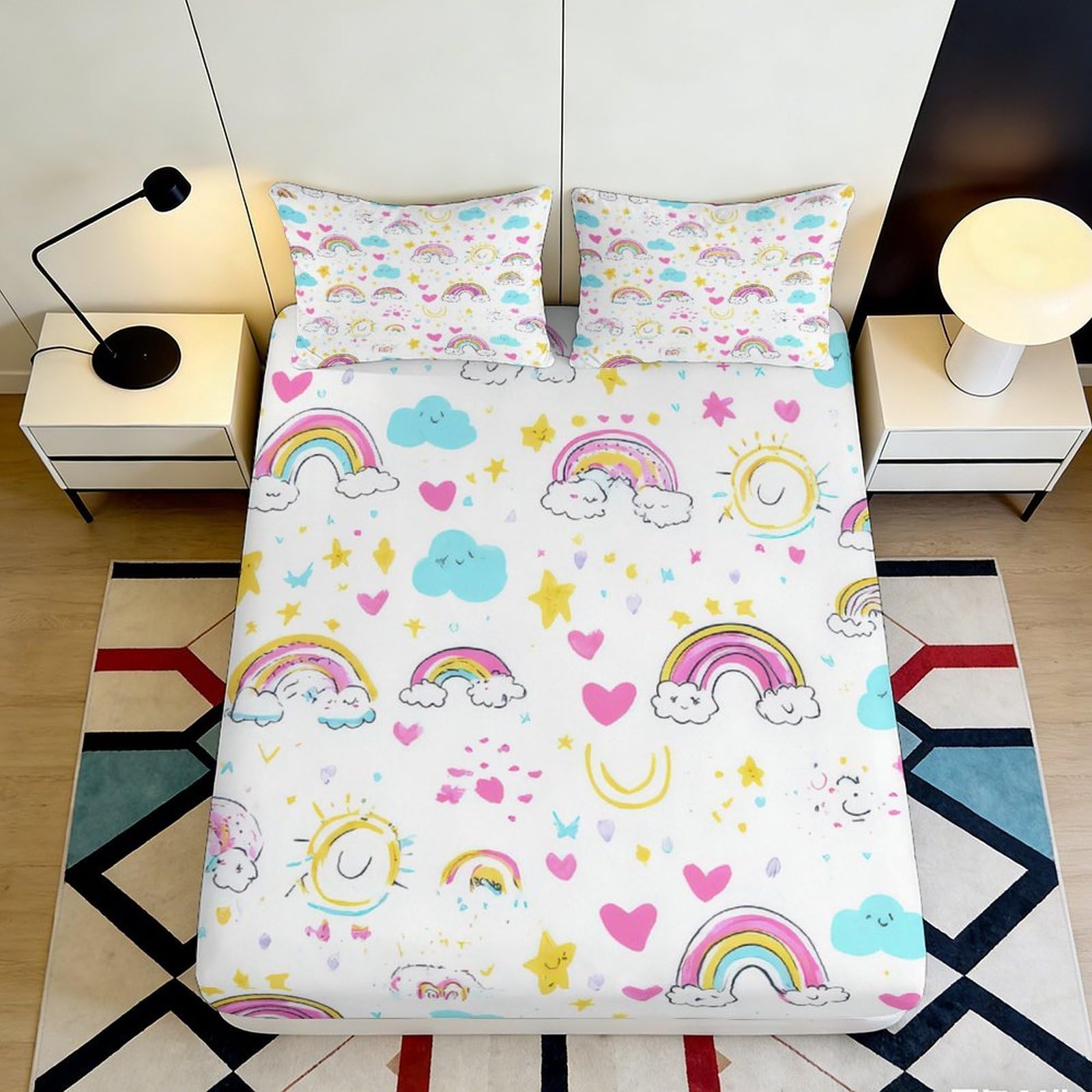 3D Printed Rainbow Cloud Fitted Sheet Microfiber Soft Pastel Hearts Mattress Cover for Bedroom Dorm Home Decor 90x200x25cm