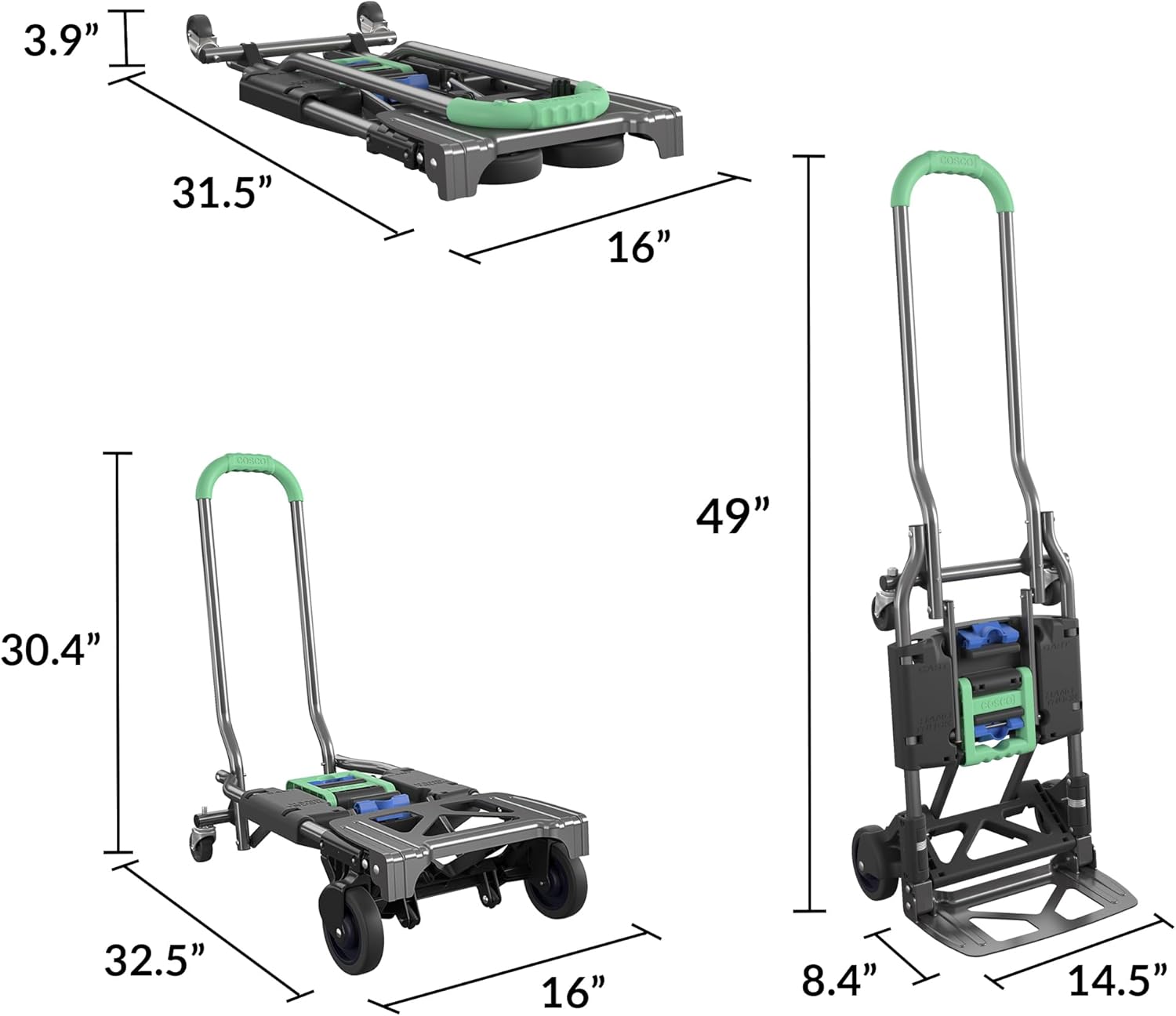 Green Steel Multi-Position Folding Hand Truck and Cart