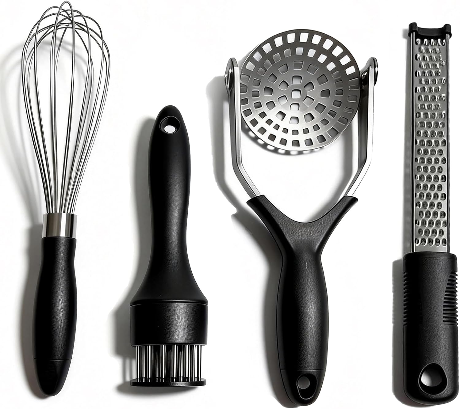 4-Piece Kitchen Tools and Gadgets Set - Stainless Steel Kitchen Utensils Set Premium Cooking Accessories Kitchen Gadget Set with Whisk, Meat Tenderizer, Potato Masher & Handheld Cheese Grater