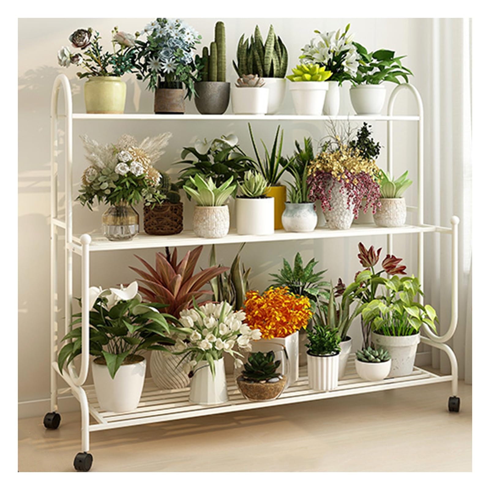 Support for plantes à 3 niveaux blanc en fer robuste avec roues étagère pots de fleurs 102cm