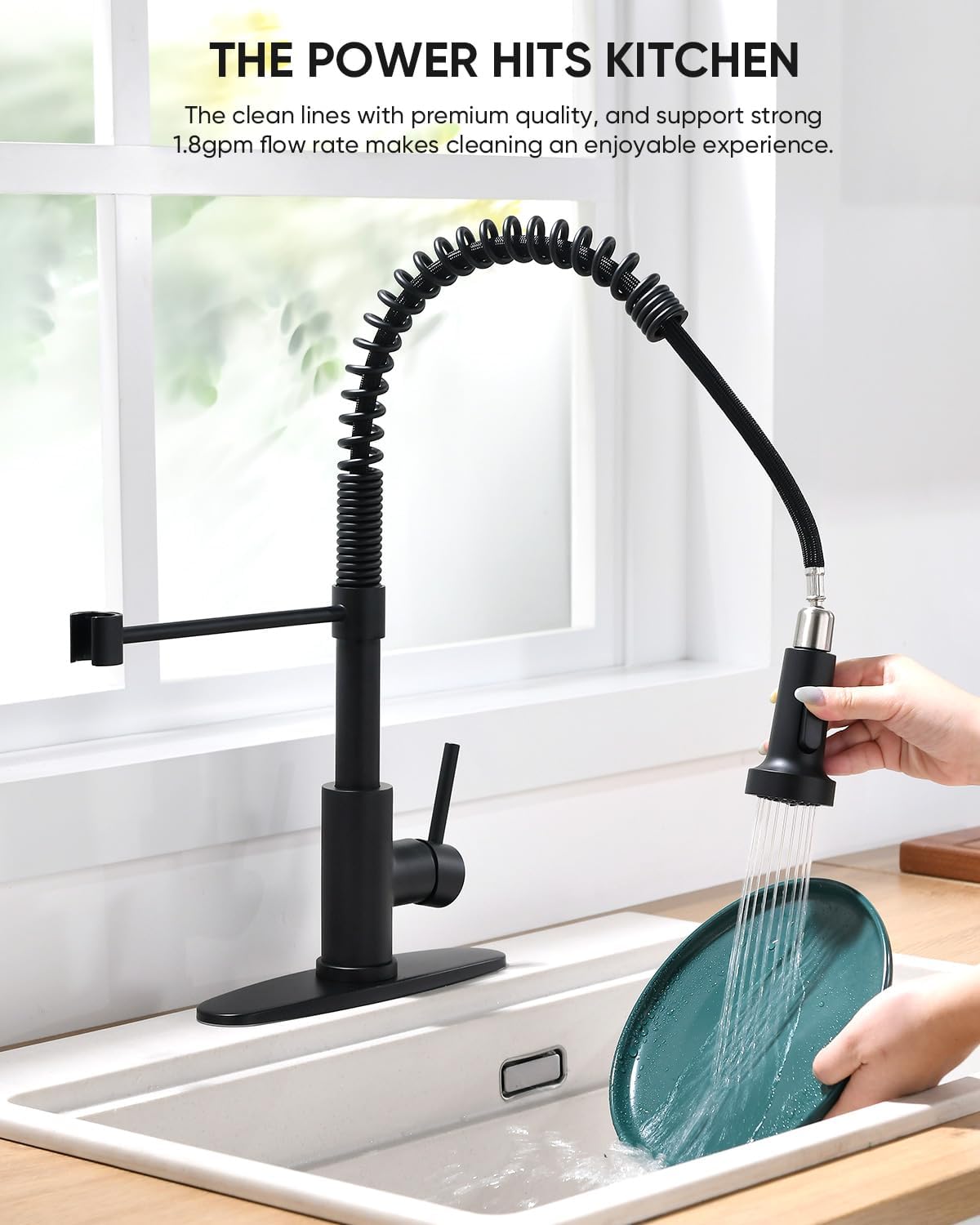 OWOFAN Black Kitchen Faucet with Pull Down Sprayer Stainless Steel Commercial Single Handle Classic Spring Pull Out Kitchen Sink Faucet for Pot Filler Farmhouse Camper Bar Laundry Room 866080R