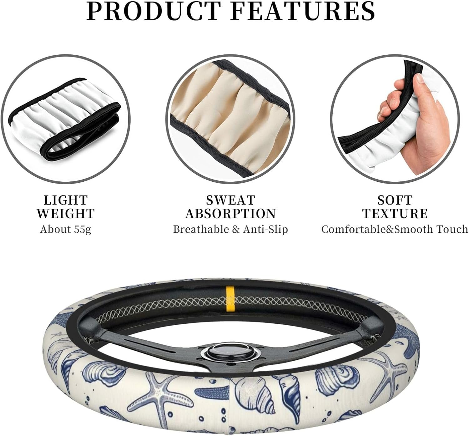 Car Steering Wheel Cover with Anti-Slip Lining, Universal 15 inch Wheel Cover, Fashion Car Interior Accessories for Women Men - Sea Starfish Shells