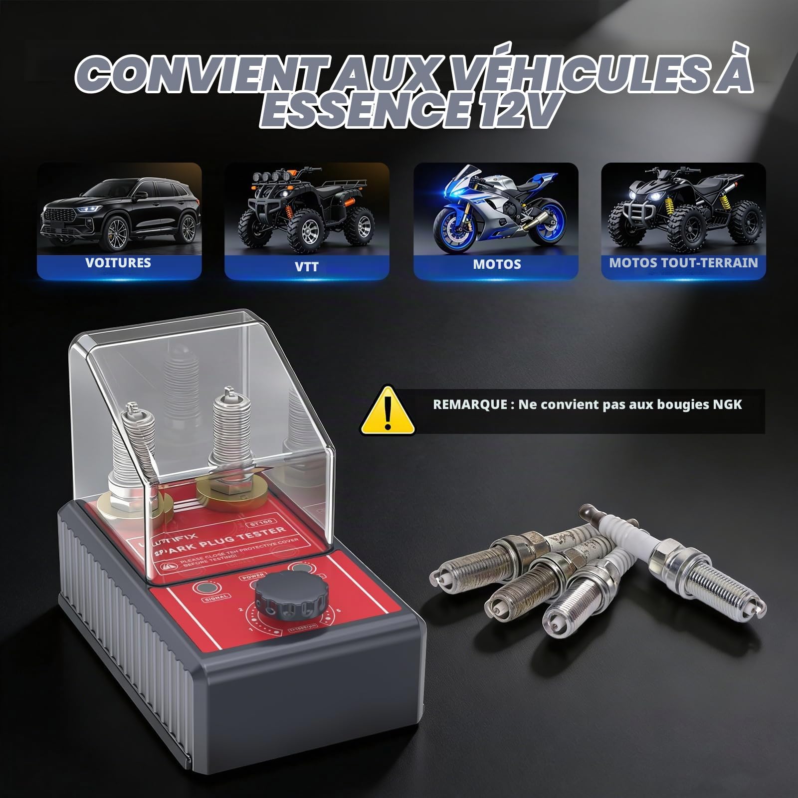 MRCARTOOL Testeur de Bougie d'allumage de Voiture Outils d'allumage à Deux Trous 500-6000 tr/min Outil de Diagnostic D'analyseur de Bougie avec Couvercle de Protection pour Véhicules 12V