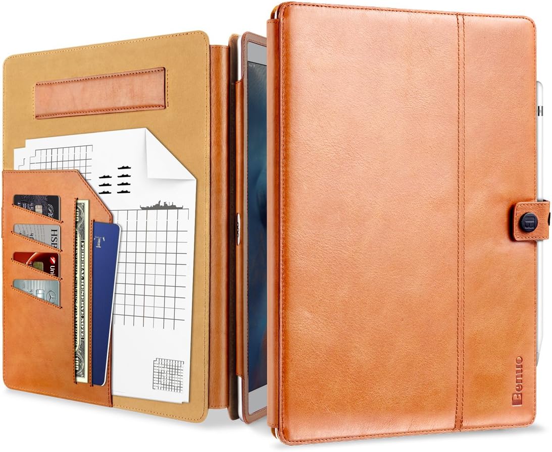 iPad Pro Case, Benuo [All in 1 Series] 12.9" Classic Genuine Leather Case [Card Slots] [Pencil Holder][Hand Strap] Folio Flip Case with Secure Closure & Multi Stands for Apple iPad Pro 12.9 (Brown)