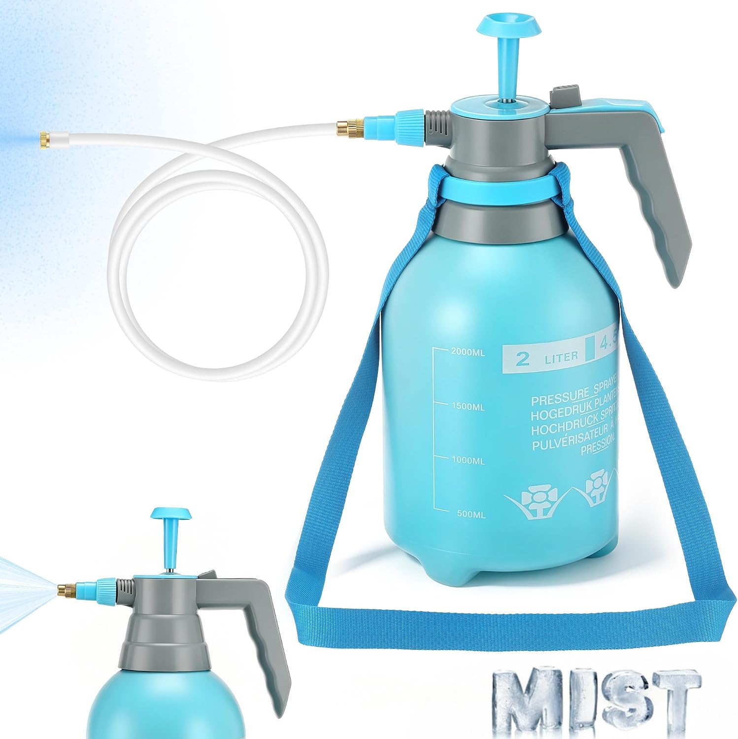 Personal Mister, 2 in 1 Water Spray Bottle with 3.3ft Mist Line, 2L,Blue