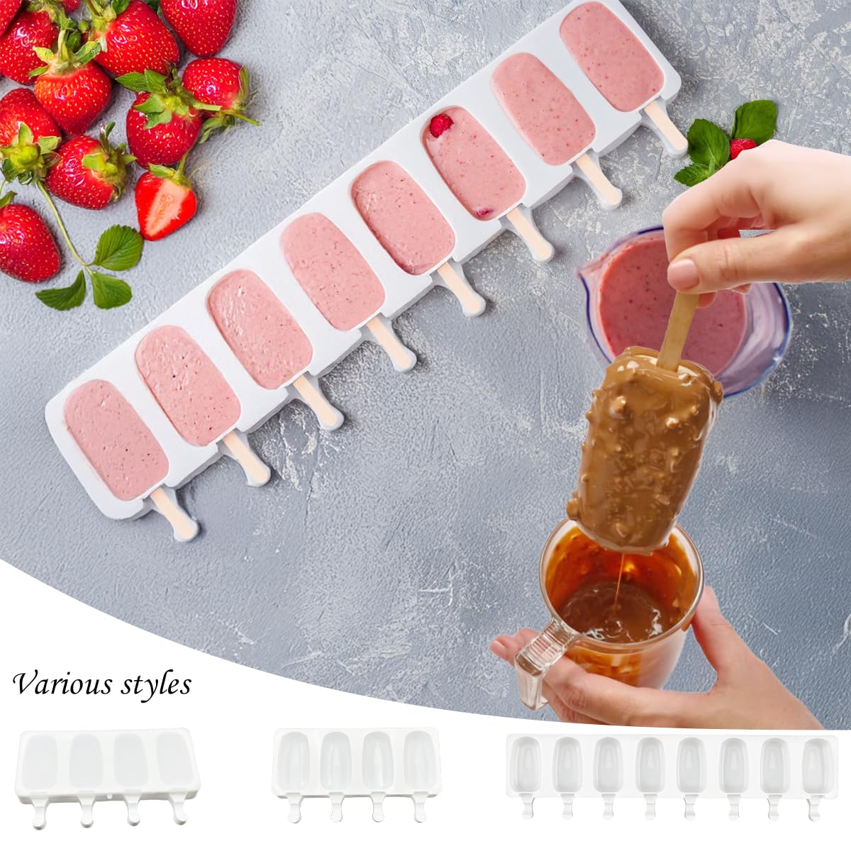 Grands Moules à Glace Silicone – Popsicles Maison, 2 Moules + 100 Bâtons, Sacs, Rubans, Étiquettes – Sans BPA Réutilisables