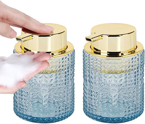 Miniatura 13 de Dispensador de jabón espumoso, dispensador de jabón de manos de espuma de vidrio de 10 onzas con bomba dorada, botella de bomba recargable para