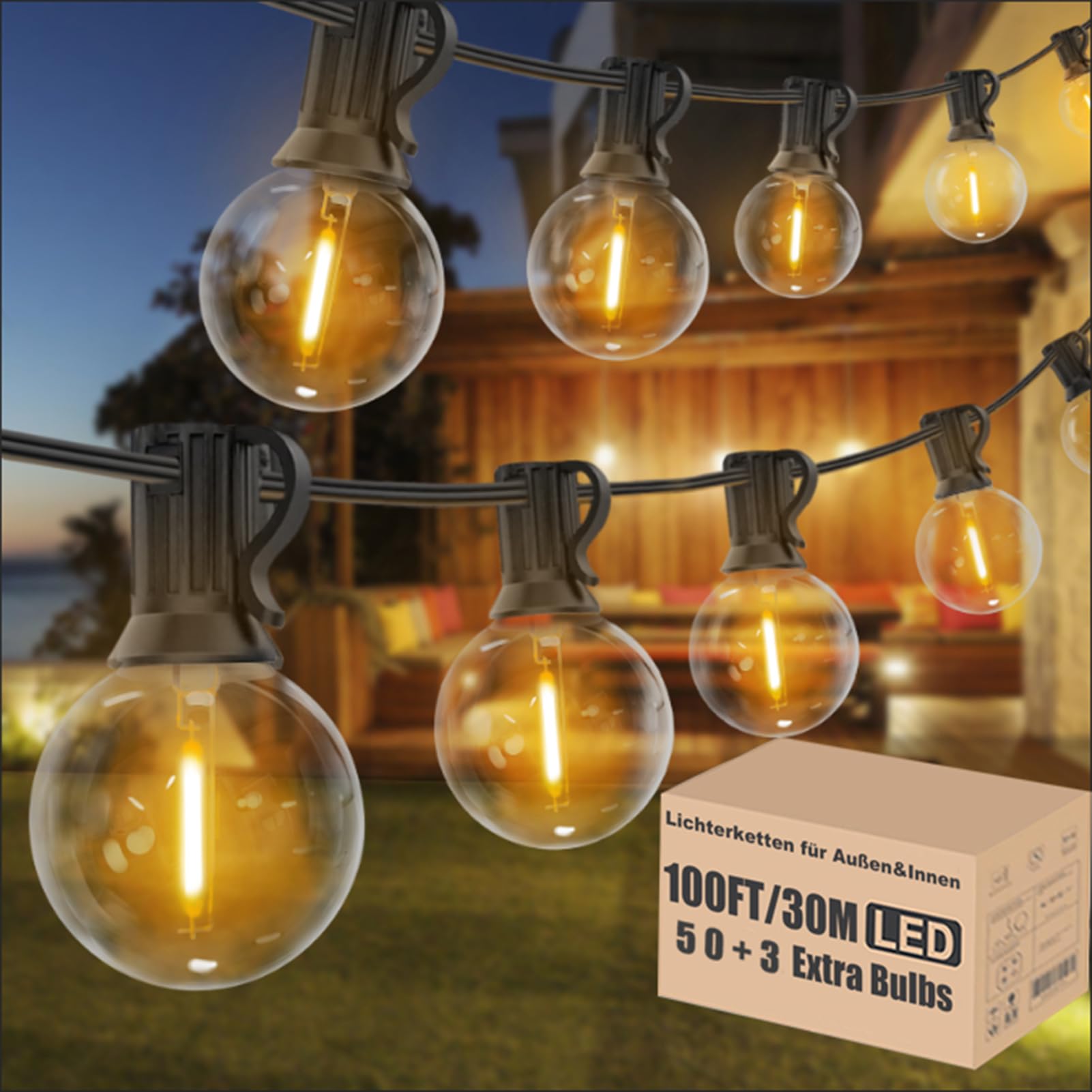 Achin Guirlande lumineuse LED d'extérieur 30 m avec 50 + 3 ampoules G40 E12 étanche IP44 pour extérieur, jardin, terrasse, balcon, mariage, blanc chaud 2700 K