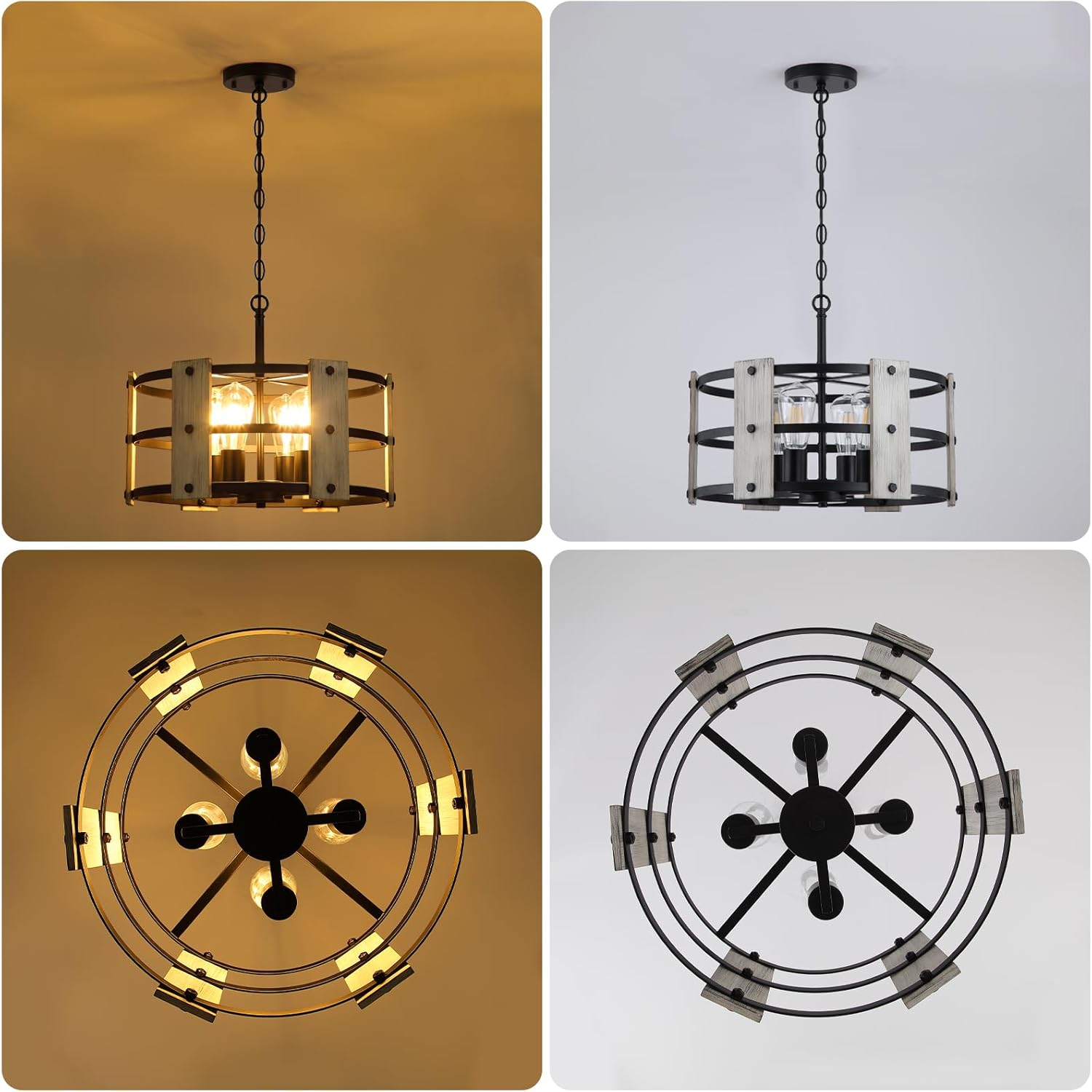 18‘’ Chandelier Farmhouse Style Black and Wood Hanging Light Fixture 4-Light Pendant Lighting with 47'' Height Adjustable Chain Dining Room, Living Room, Kitchen Island E12 Base - AJ9013P4WDBK