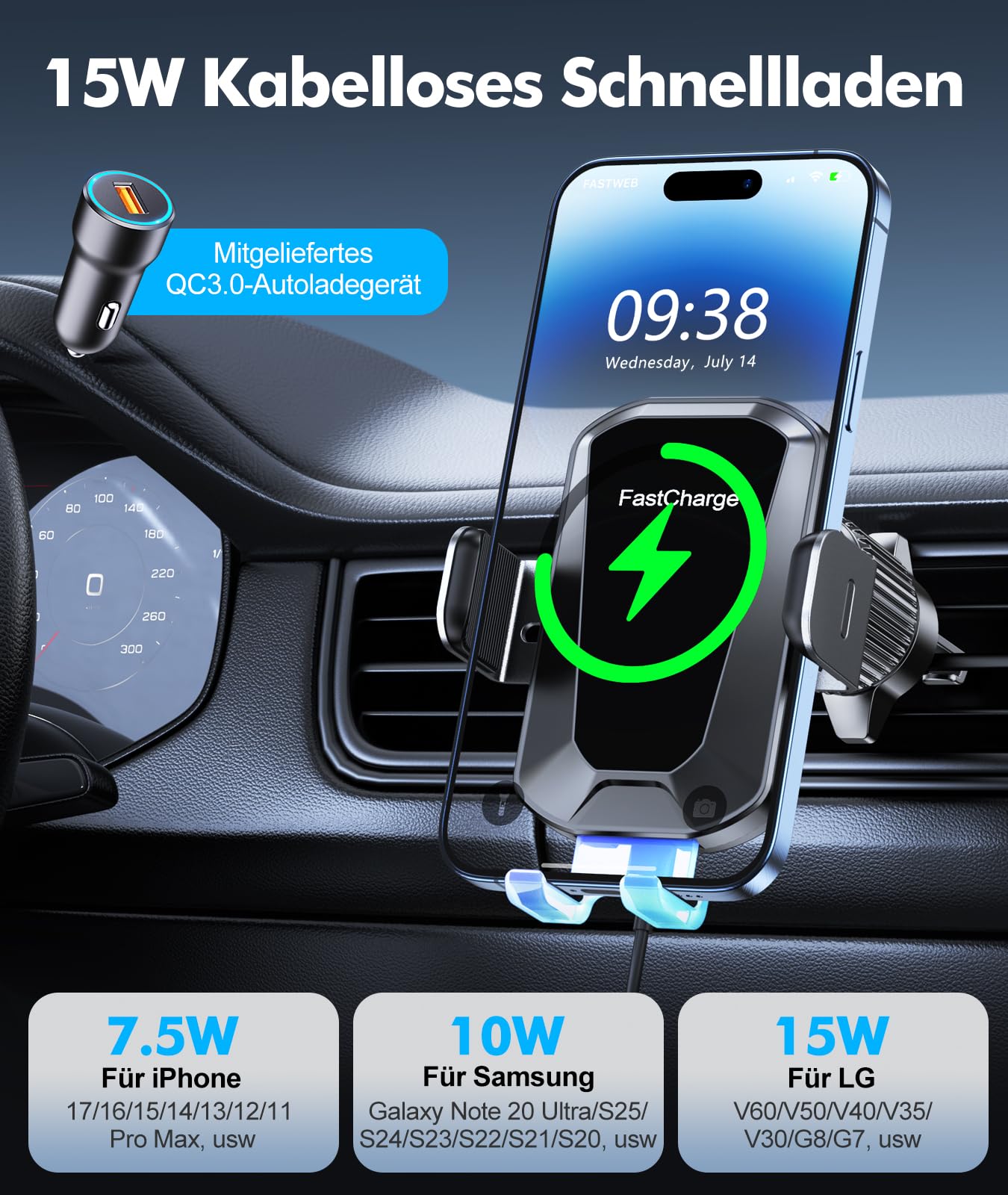 EOIWUY 15W Handyhalterung Auto mit Ladefunktion, 【Automatische Klemmung】 Induktive Ladestation Auto, Stabile & Fast Wireless Charger Auto Handy Halterung Lüftung für iPhone 17/16/15, Galaxy S25 usw
