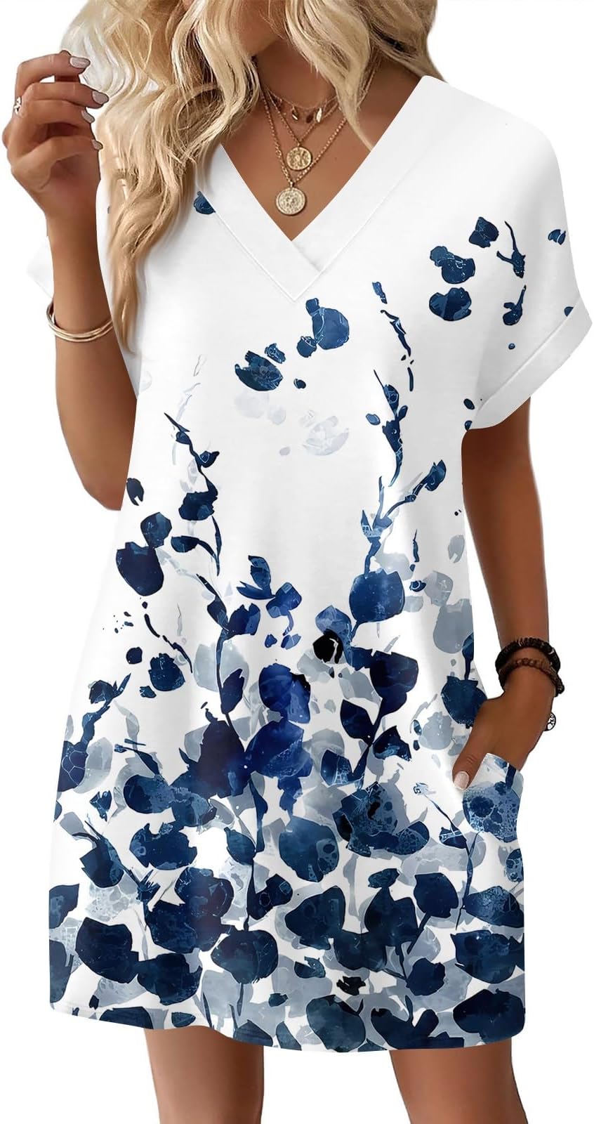 Mini Dresses for Women UK Short Sleeve Elegant Summer Dress V Neck Casual Holiday Sundresses with Pockets
