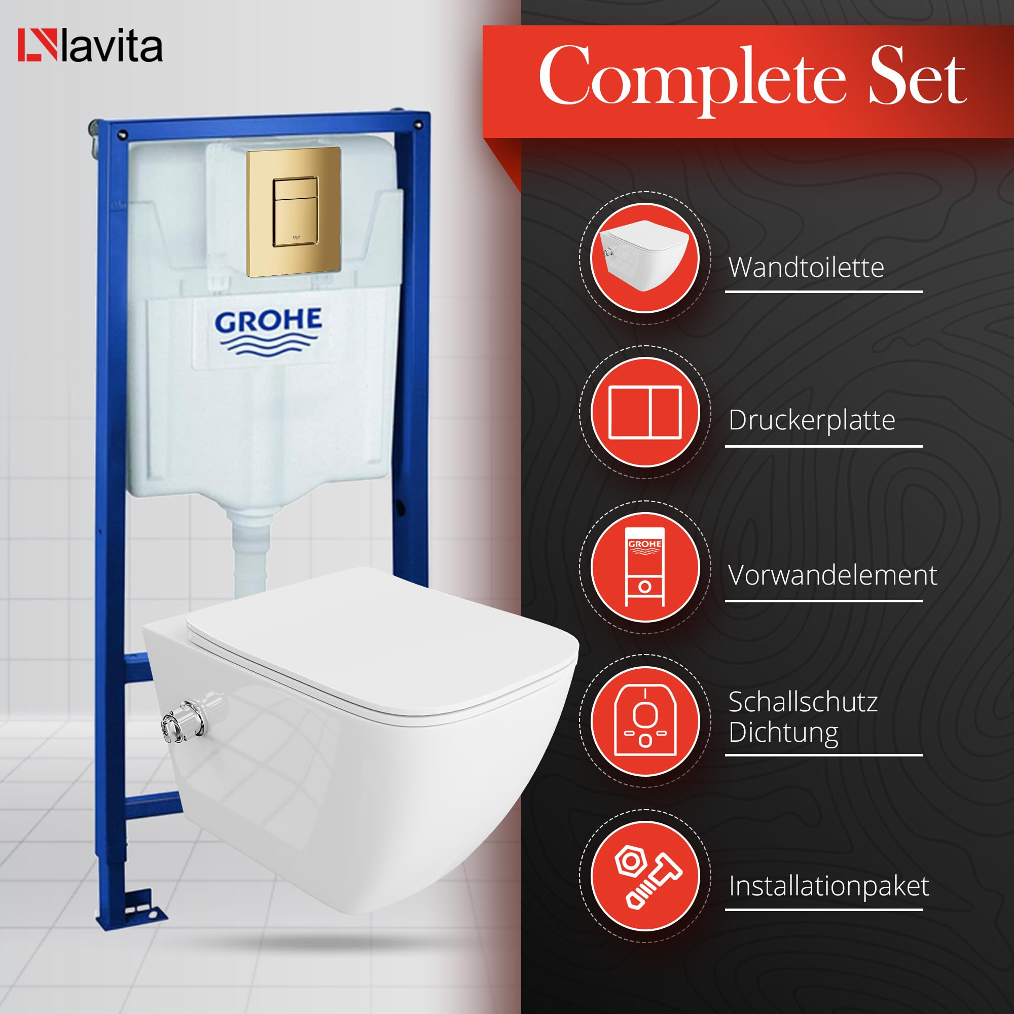 LAVITA | Elemento de pared Solido + pared colgante de inodoro Paraná blanco sin borde + asiento de inodoro de cierre suave | botón dorado | juego completo | cisterna empotrada | inodoro completo