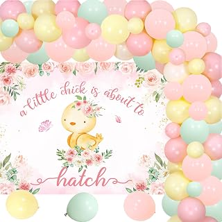 81Pcs Chicken Theme Baby Decor - Girl 'Chick' Themed Party Supplies - Pink Floral Backdrop, Balloon Arch & More