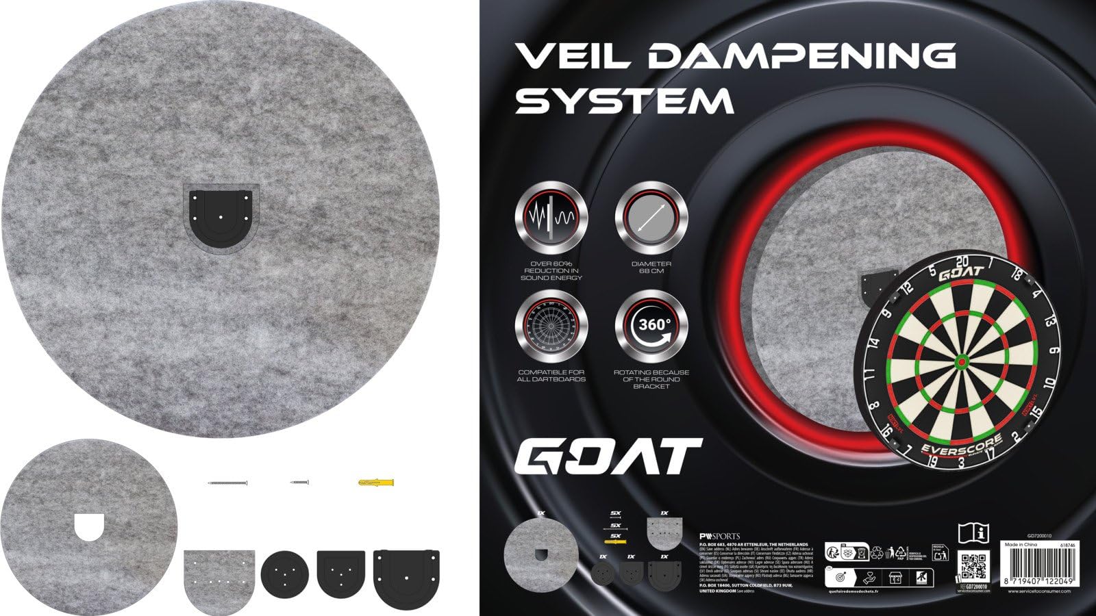 GOAT - Silencer Surround Tarczy, Średnica 68cm, Redukcja Hałasu 80%, 3cm | Do Tarczy Sisalowych, Chwyta Przelatujące Rzutki, Szerokość Osłony 12cm, Bawełna, Szary, 69x69cm, System Montażowy Rotafix