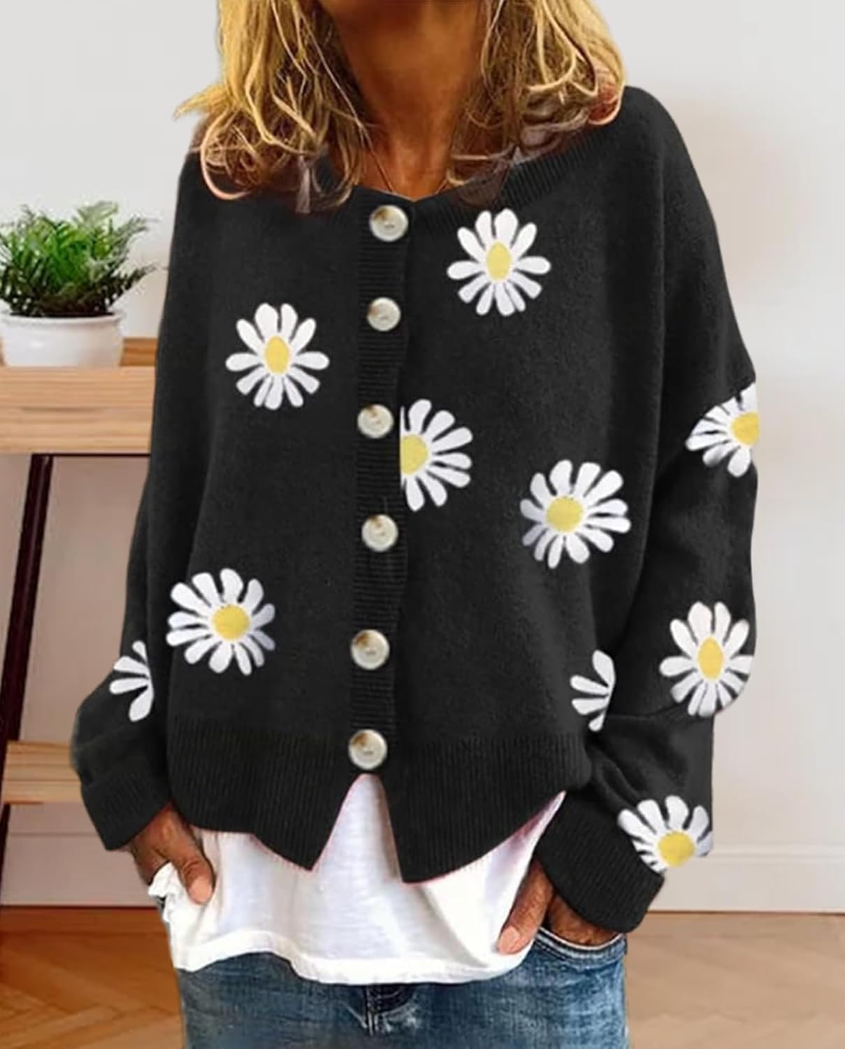 Daisy Flower Cardigan Sweater for Women Button Down Long Sleeve Sweaters Aesthetic 90s Women Sweater Outfits