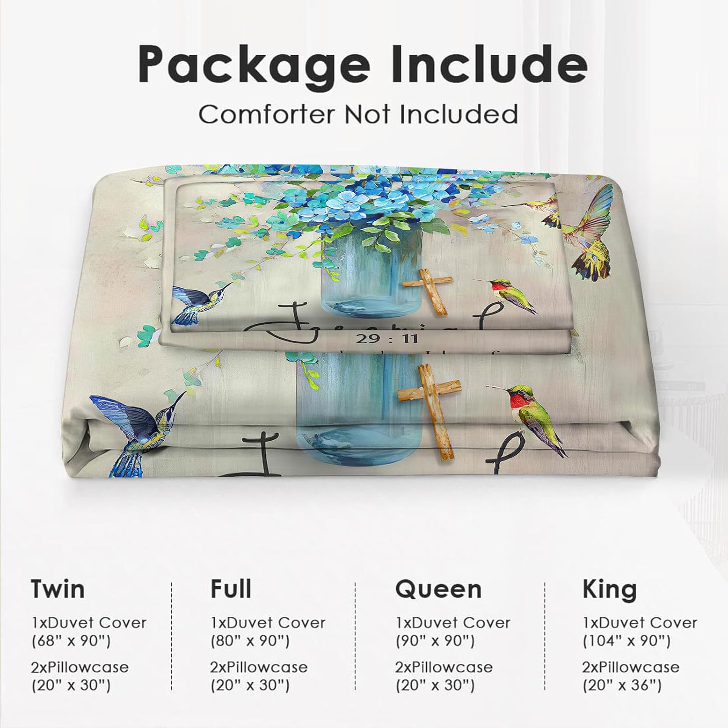 Christian Scripture Bedding Set Twin Full Queen King Size Religious Jeremiah Flower Duvet Comforter Cover Hummingbird Cozy Quilt Cover Decorative Soft Bed Sets with 2 Pillowcases for Kids Adults