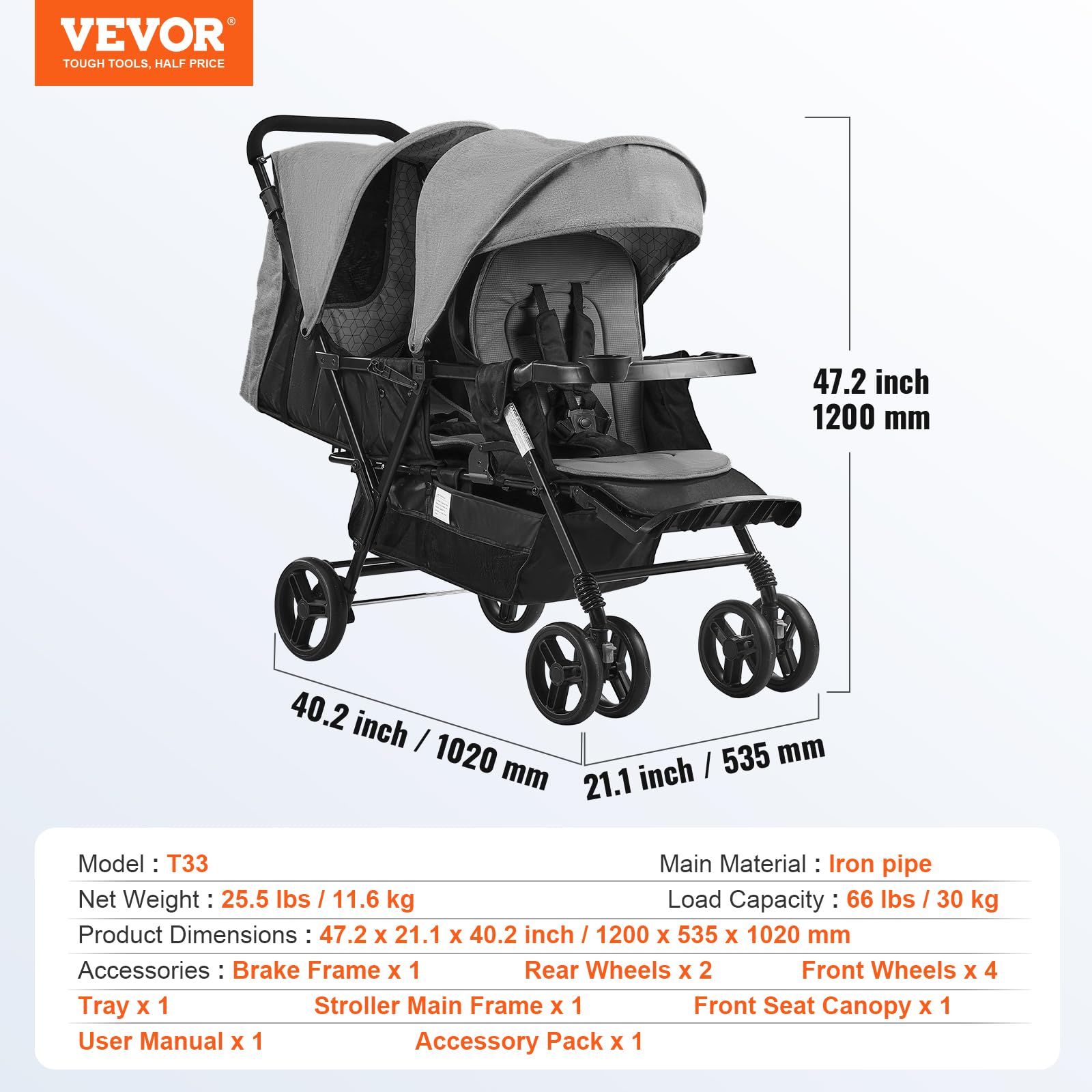 VEVOR Passeggino Doppio, Schienale/Poggiapiedi Regolabili, Passeggino Gemellare Pieghevole Leggero, Cintura di Sicurezza Avvolgente, Cestino Portaoggetti, per Neonati, Bambini Piccoli (Grigio Scuro)