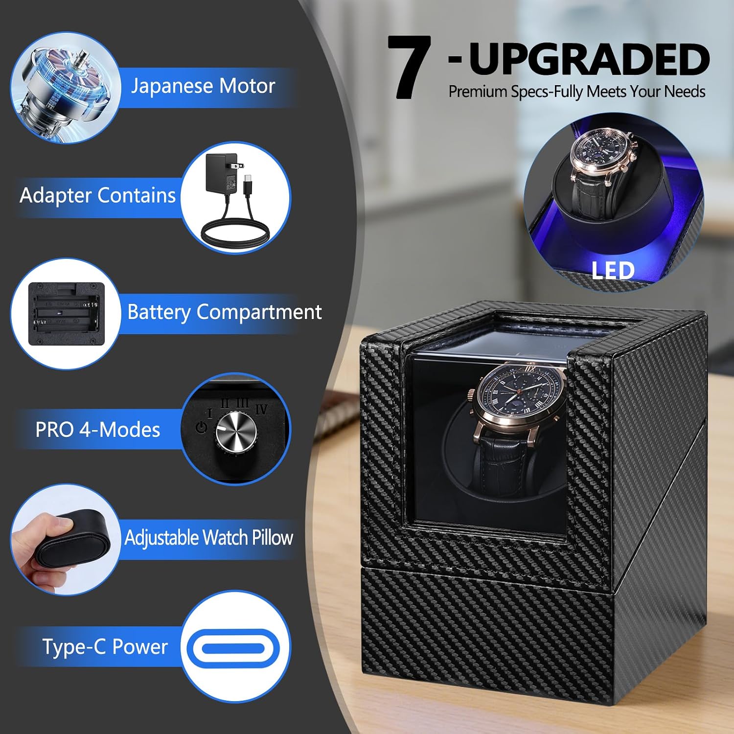 Anyasun Watch Winder for Automatic Watches,Single Watch Winder with LED Light,Rotating Watch Case with Japanese Quiet Motor,4 Modes Watch Rotator for Men, USB-C AC Adapter