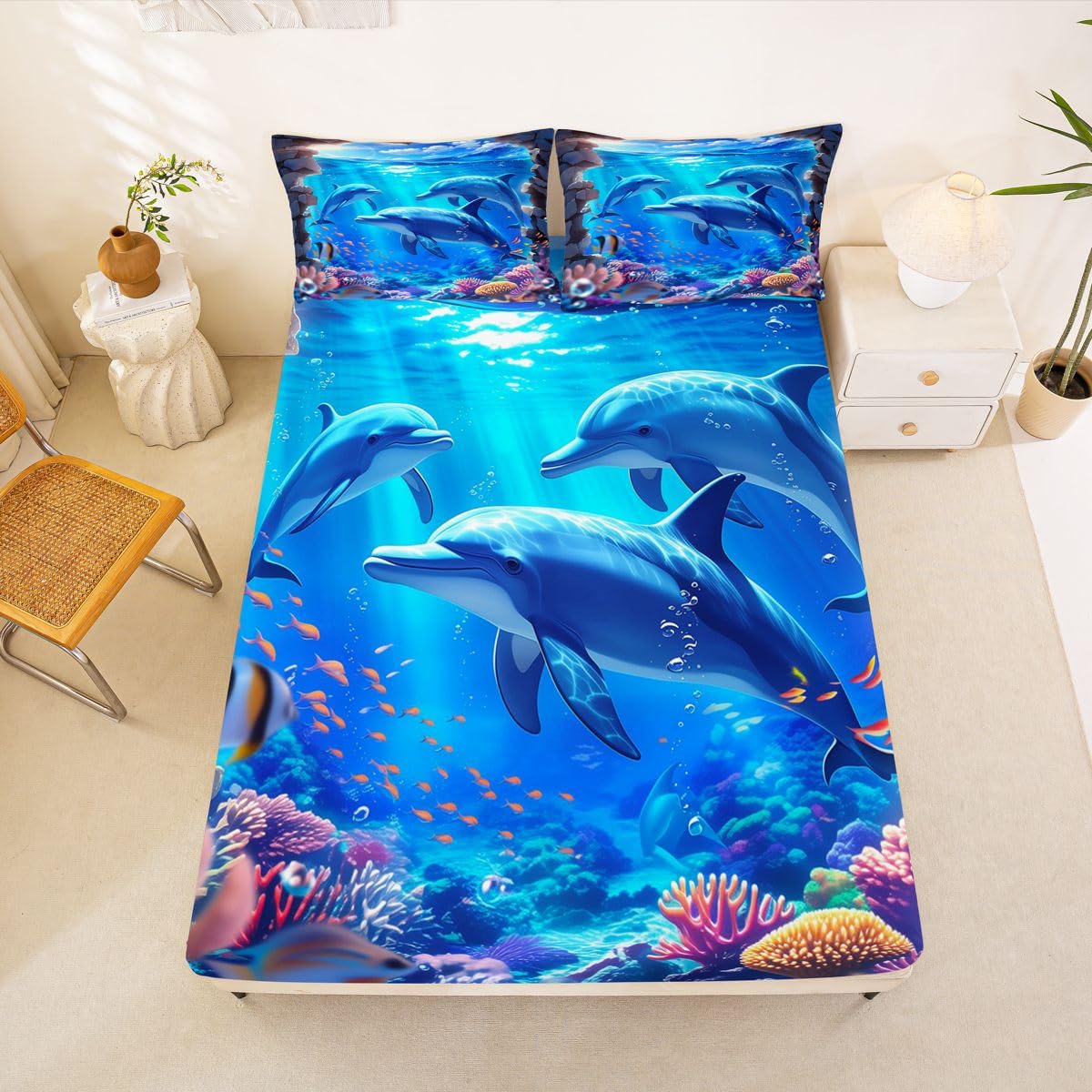 Homewish Ocean Waves zestaw pościeli podwójny ocean delfiny rafa koralowa prześcieradła niebieskie morze niebo białe chmury zestaw prześcieradeł - urocza kreskówka życie morskie dopasowane