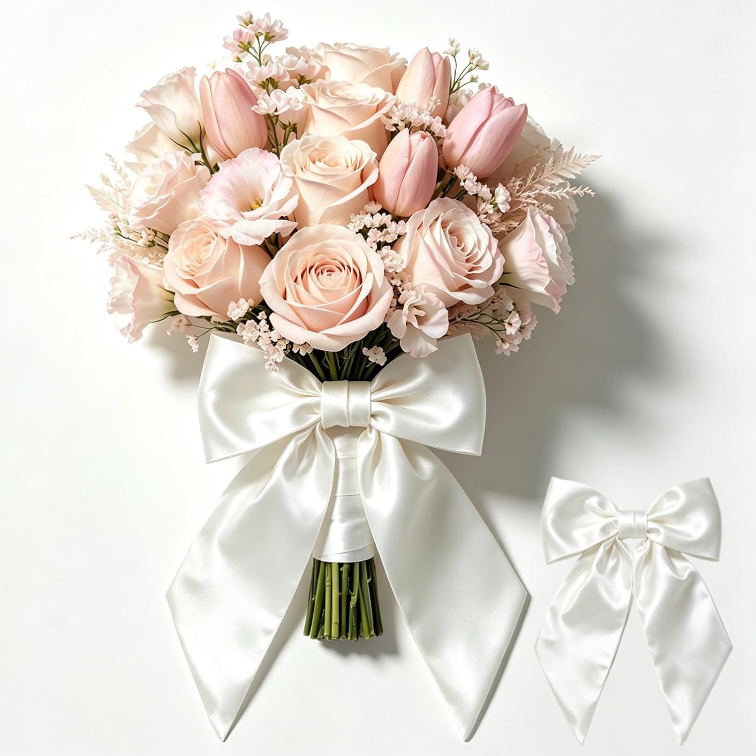 Dream Loom White Satin Bows for Bouquet 2 Pack, 9.8x13.7 Inch Pre-Tied Large Ribbon Bows for Wedding Bridal Shower Prom Homecoming, Flower Arrangement Gift Wrapping Decoration
