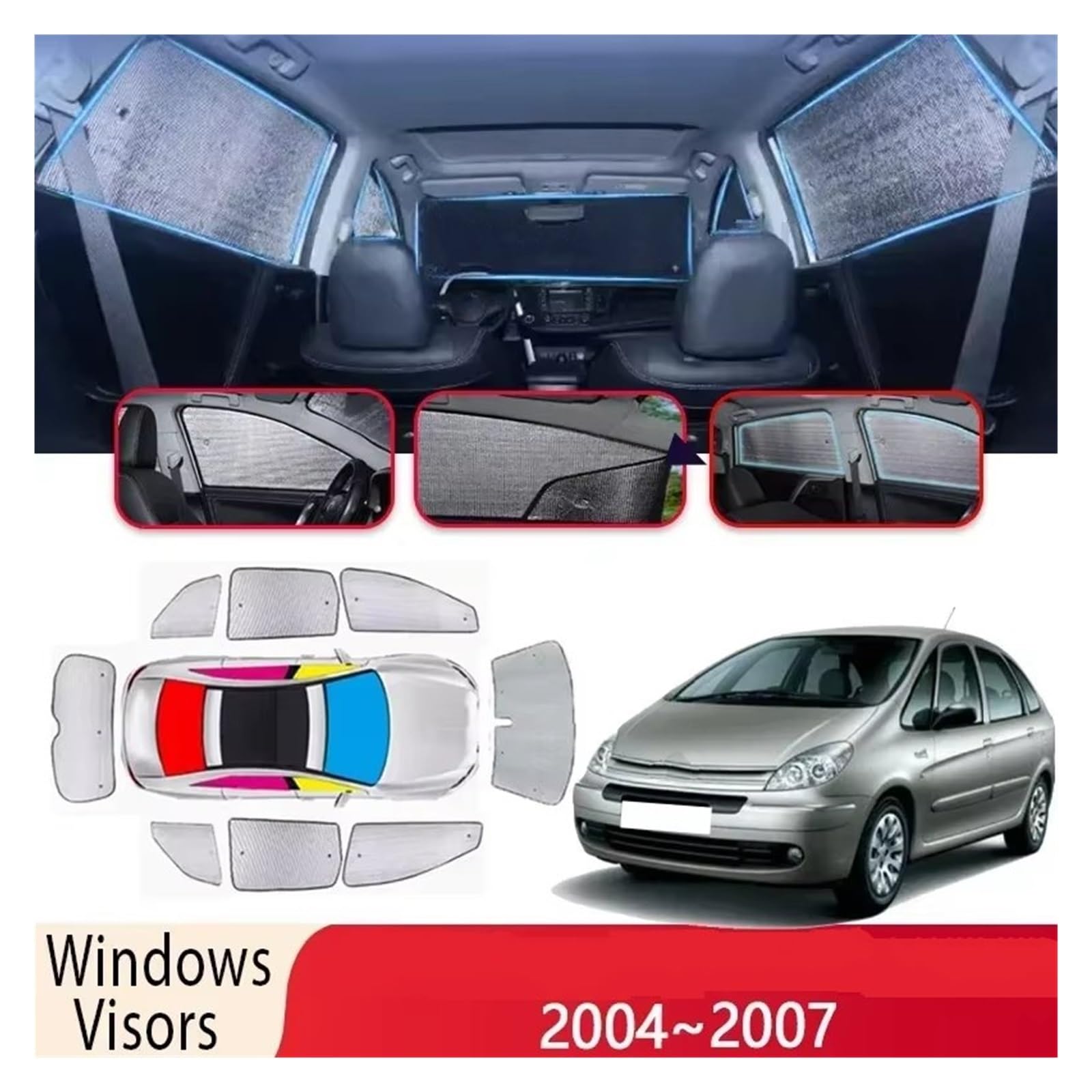 Parasol para Coche para Citroen para Xsara para Picasso 2004-2007 Parasol para Parabrisas De Coche Aislamiento Térmico Accesorios para Automóviles Protector Solar para Parabrisas(Car Full Set)