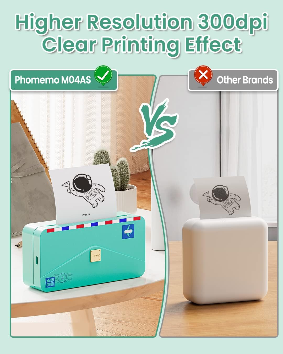 Comparison of print quality between Phomemo M04AS (300dpi) and another brand's printer