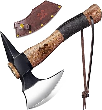 Grumpy Bear 11" Camping Hatchet, Survival Axe with Sheath, High Carbon Steel and Wood Handle, Anti-Slip Grip Ideal for Bushcraft, Wood Splitting & Outdoor Adventures