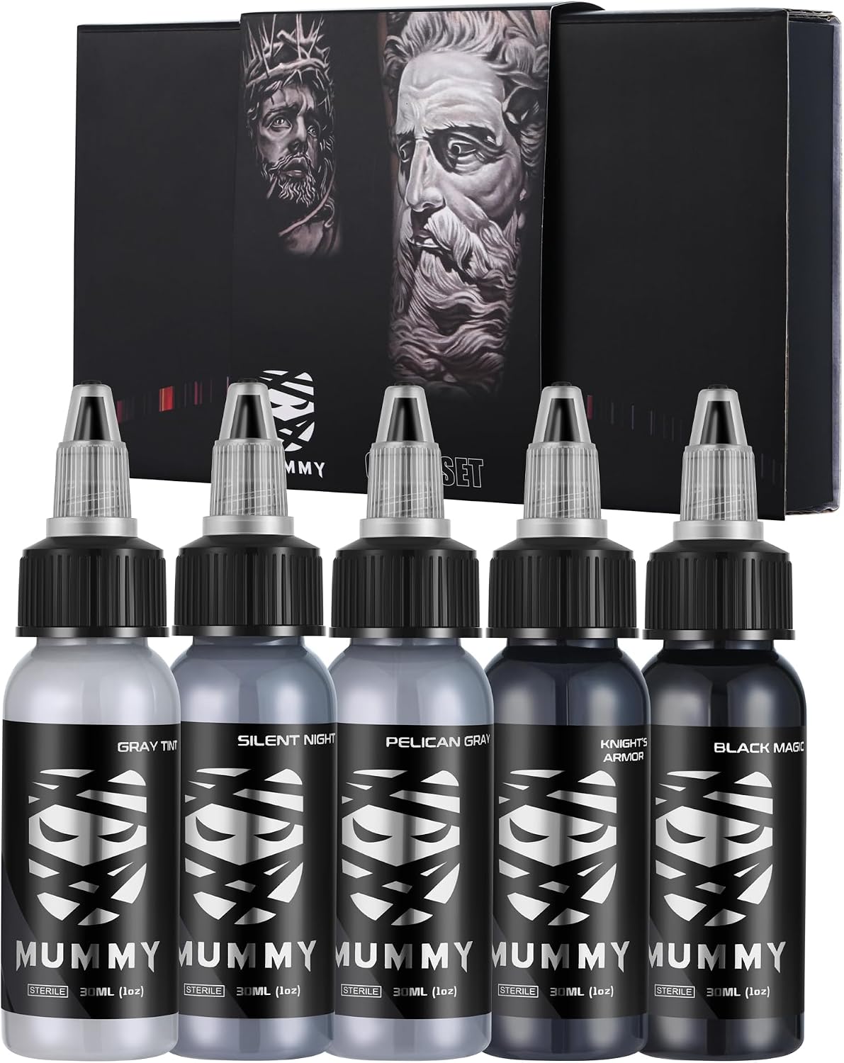 Mummy Grey Series Tattoo Ink Set - 5 Bottles (1 oz Each) Includes: Black Magic, Knight's Armor, Silent Night, Pelican Gray, Gray Tint