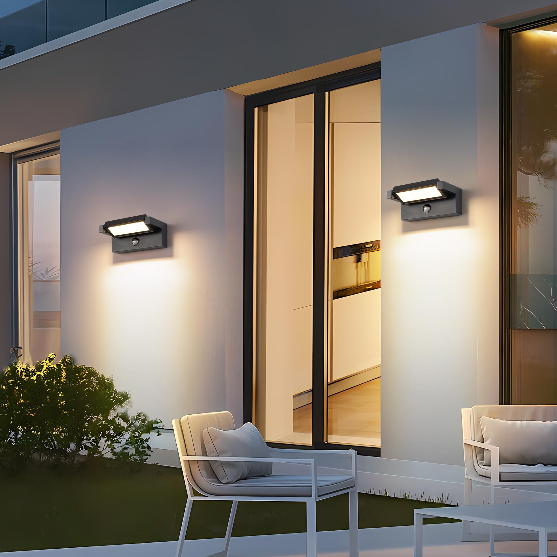 KUKAK LED aplique pared de 22W con sensor de movimiento,luz terraza exterior IP65 impermeable,aplique de 3000K en blanco cálido para exterior/interior con panel orientable de 350° para jardín,Negro