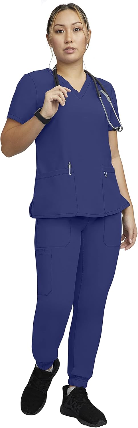 STAT MEDICAL WEAR Women Scrub Set, V-Neck Top with 3 Pockets and Drawstring Jogger Pant with 5 Pockets - 100210