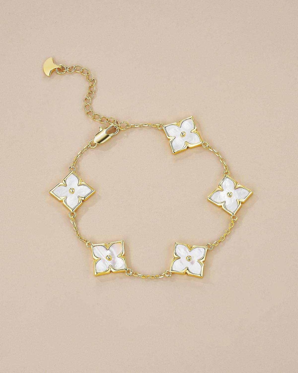 18K Gold Plated Mother of Pearl Natural Gemstone Floral Clover Motif Four Leaf Statement FULLY ADJUSTABLE Dangle Charms Tennis Bracelet for Women by SNGIA, Stackable Handmade Trendy Multicolor Flower Crystal Jewelry Gifts, Beachy Summer Beaded Healing Protection Vacation Fashion Bracelet Accessories, Vintage Link Bohemian Nickle Free Station Bangle. - Image 3