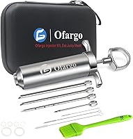 Ofargo Stainless Steel Meat Injector Kit: 4 Needles, Travel Case, Basting Brush - Juicy BBQ Turkey Marinade Syringe for Grills & Smokers